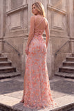Pink Square Neck Floral Embroidery Mermaid Spaghetti Straps Long Prom Dress with Slit