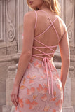 Pink Square Neck Floral Embroidery Mermaid Spaghetti Straps Long Prom Dress with Slit
