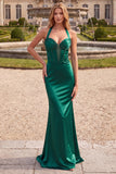 Dark Green Halter Satin Mermaid Long Prom Dress with Beading