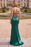 Dark Green Halter Satin Mermaid Long Prom Dress with Beading