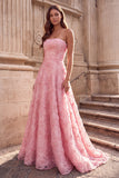 Pink A-Line Strapless Floral Appliques Long Prom Dress with Beading