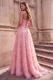 Pink A-Line Strapless Floral Appliques Long Prom Dress with Beading