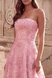 Pink A-Line Strapless Floral Appliques Long Prom Dress with Beading