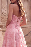 Pink A-Line Strapless Floral Appliques Long Prom Dress with Beading