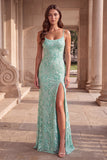 Mint Green Floral Embroidery Spaghetti Straps Sheath Long Prom Dress with Slit