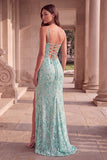 Mint Green Floral Embroidery Spaghetti Straps Sheath Long Prom Dress with Slit