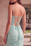 Mint Green Floral Embroidery Spaghetti Straps Sheath Long Prom Dress with Slit