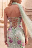 Light Green Mermaid Sequins Floral Strapless Long Prom Dress with Chiffon Sash