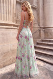 Light Green A-Line Floral Sequins Spaghetti Straps Long Prom Dress