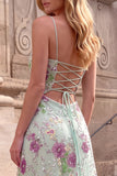 Light Green A-Line Floral Sequins Spaghetti Straps Long Prom Dress