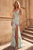 Light Green Mermaid V-Neck Sequins Beaded Long Prom Dress with Slit