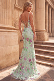 Light Green Mermaid V-Neck Sequins Beaded Long Prom Dress with Slit