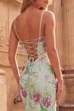 Light Green Mermaid V-Neck Sequins Beaded Long Prom Dress with Slit