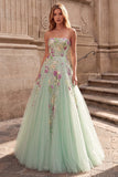 Light Green Sequins Floral A-Line Tulle Strapless Long Prom Dress