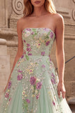 Light Green Sequins Floral A-Line Tulle Strapless Long Prom Dress