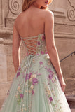 Light Green Sequins Floral A-Line Tulle Strapless Long Prom Dress