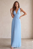 Black A-Line V-Neck Pleated Long Wedding Guest Dress