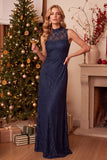 Dark Blue Sheath High Neck Lace Long Wedding Guest Dress