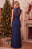 Dark Blue Sheath High Neck Lace Long Wedding Guest Dress