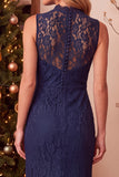 Dark Blue Sheath High Neck Lace Long Wedding Guest Dress