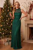 Dark Blue Sheath High Neck Lace Long Wedding Guest Dress