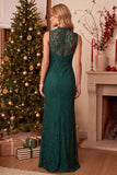 Dark Blue Sheath High Neck Lace Long Wedding Guest Dress