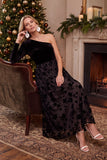 Black Velvet A-Line One Shoulder Floral Midi Holiday Party Dress
