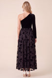 Black Velvet A-Line One Shoulder Floral Midi Holiday Party Dress