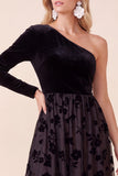 Black Velvet A-Line One Shoulder Floral Midi Holiday Party Dress