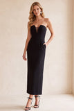 Black Sheath V-Neck Strapless Mesh Midi Wedding Guest Dress with Pockets