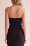 Black Sheath V-Neck Strapless Mesh Midi Wedding Guest Dress with Pockets