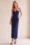 Black Sheath V-Neck Strapless Mesh Midi Wedding Guest Dress with Pockets