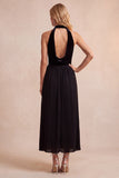 Black A-Line Velvet Halter Pleated Midi Holiday Party Dress with Pockets