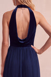 Black A-Line Velvet Halter Pleated Midi Holiday Party Dress with Pockets