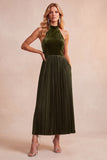 Black A-Line Velvet Halter Pleated Midi Holiday Party Dress with Pockets