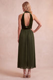 Black A-Line Velvet Halter Pleated Midi Holiday Party Dress with Pockets