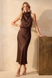 Chocolates Mermaid Cowl Neck Satin Midi Wedding Guest Dress