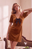 Dark Green Velvet Bodycon V-Neck Puff Short Sleeves Short Holiday Party Dress with Bow