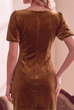 Dark Green Velvet Bodycon V-Neck Puff Short Sleeves Short Holiday Party Dress with Bow