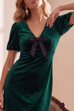 Dark Green Velvet Bodycon V-Neck Puff Short Sleeves Short Holiday Party Dress with Bow