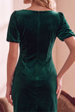 Dark Green Velvet Bodycon V-Neck Puff Short Sleeves Short Holiday Party Dress with Bow