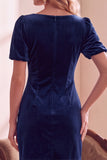 Dark Green Velvet Bodycon V-Neck Puff Short Sleeves Short Holiday Party Dress with Bow