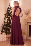 Burgundy A-Line High Neck Lace Chiffon Long Wedding Guest Dress