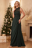 Burgundy A-Line High Neck Lace Chiffon Long Wedding Guest Dress