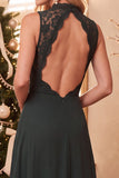 Burgundy A-Line High Neck Lace Chiffon Long Wedding Guest Dress