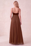 Coffee A-Line Sweetheart Pleated Maxi Dress with Pockets