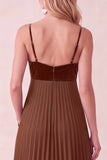 Coffee A-Line Sweetheart Pleated Maxi Dress with Pockets