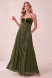 Coffee A-Line Sweetheart Pleated Maxi Dress with Pockets