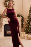 Burgundy Velvet Sheath Bateau Neck Lace Long Holiday Party Dress with Slit