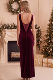 Burgundy Velvet Sheath Bateau Neck Lace Long Holiday Party Dress with Slit